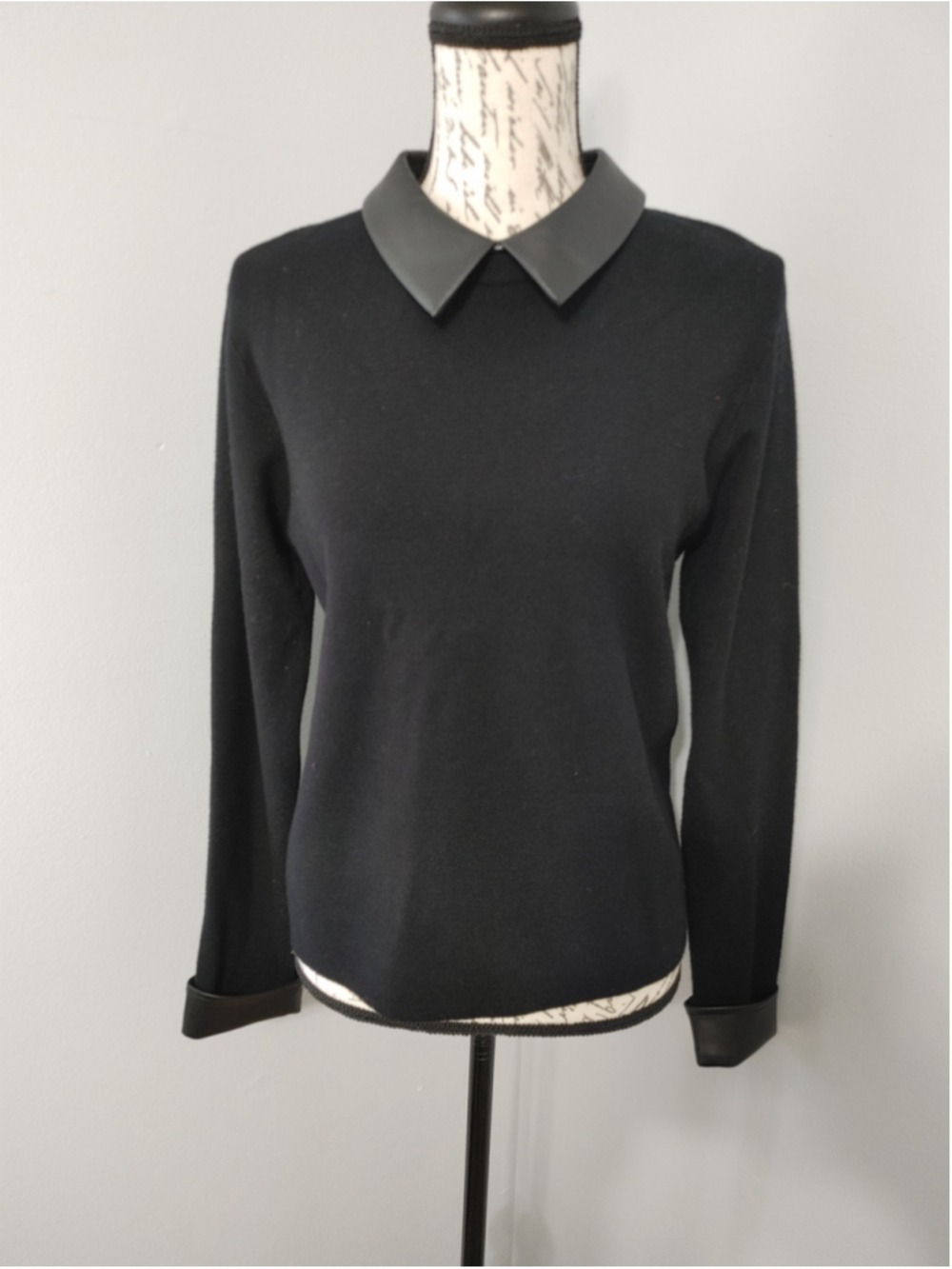 Women's La Vila Milano Black Long Sleeve Knit Top with Faux Leather Collar, M